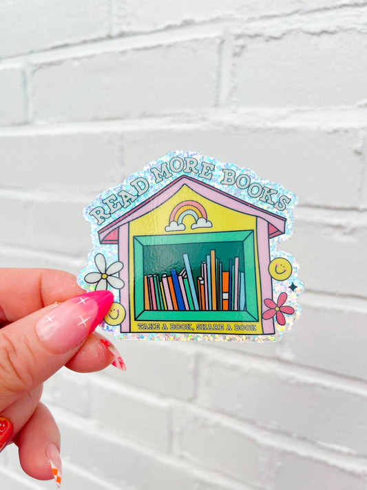 Little Library - Read More Books Glitter Waterproof Sticker: Single