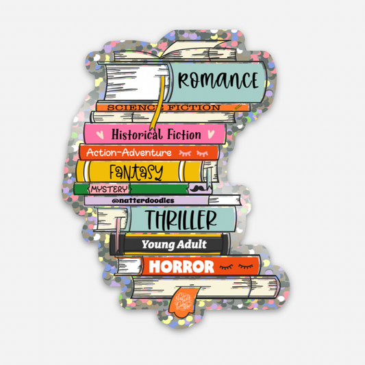 Book Lovers Multi-Genres Stack Sticker - Glitter Waterproof